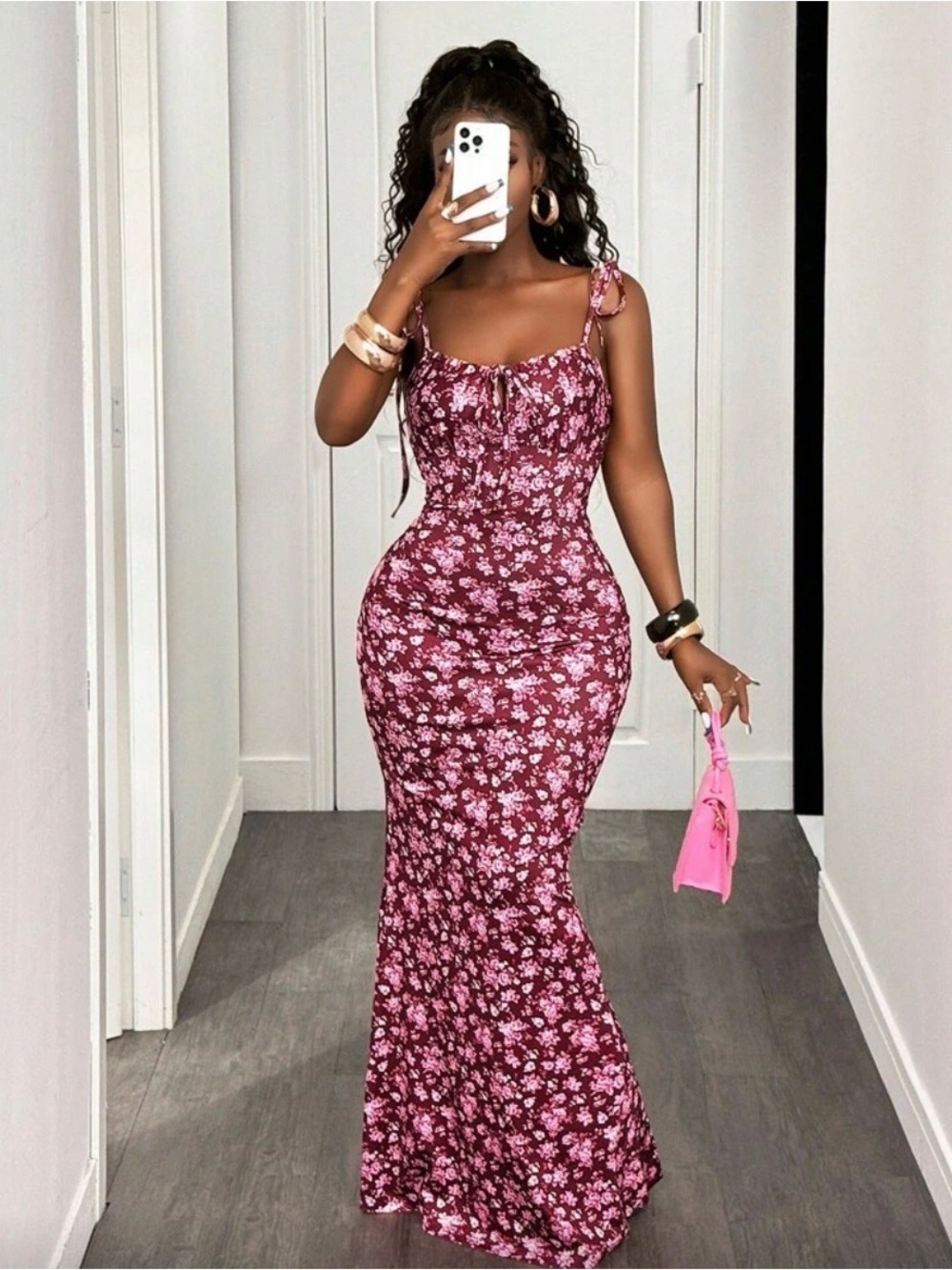 SHEIN Burgundy Pink Floral Tie-Shoulder Maxi Dress